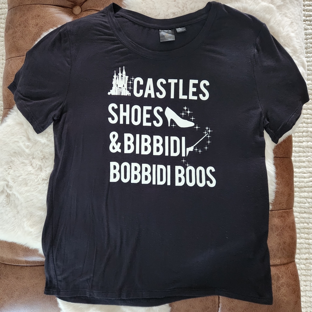 Disney Princess Castles Shoes & Bibbidi Bobbidi Boos Black T-shirt Large